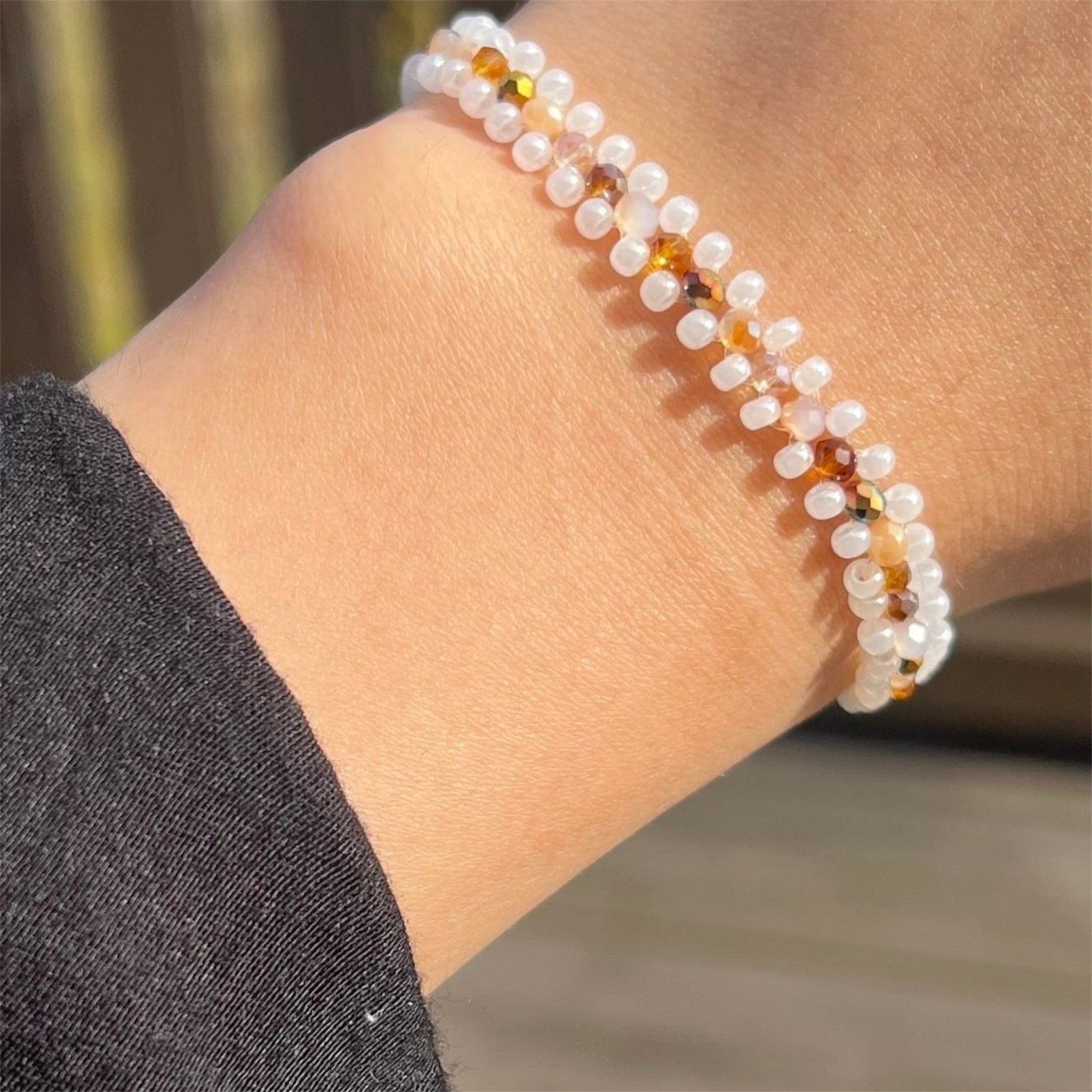 Elegant Double-Strand White and Amber Bead Bracelet