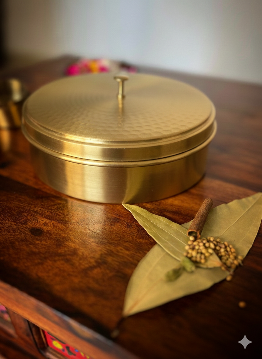 Kalaa Hammered Brass Spice Box | Handcrafted Masala Dabba | Indian Artisan