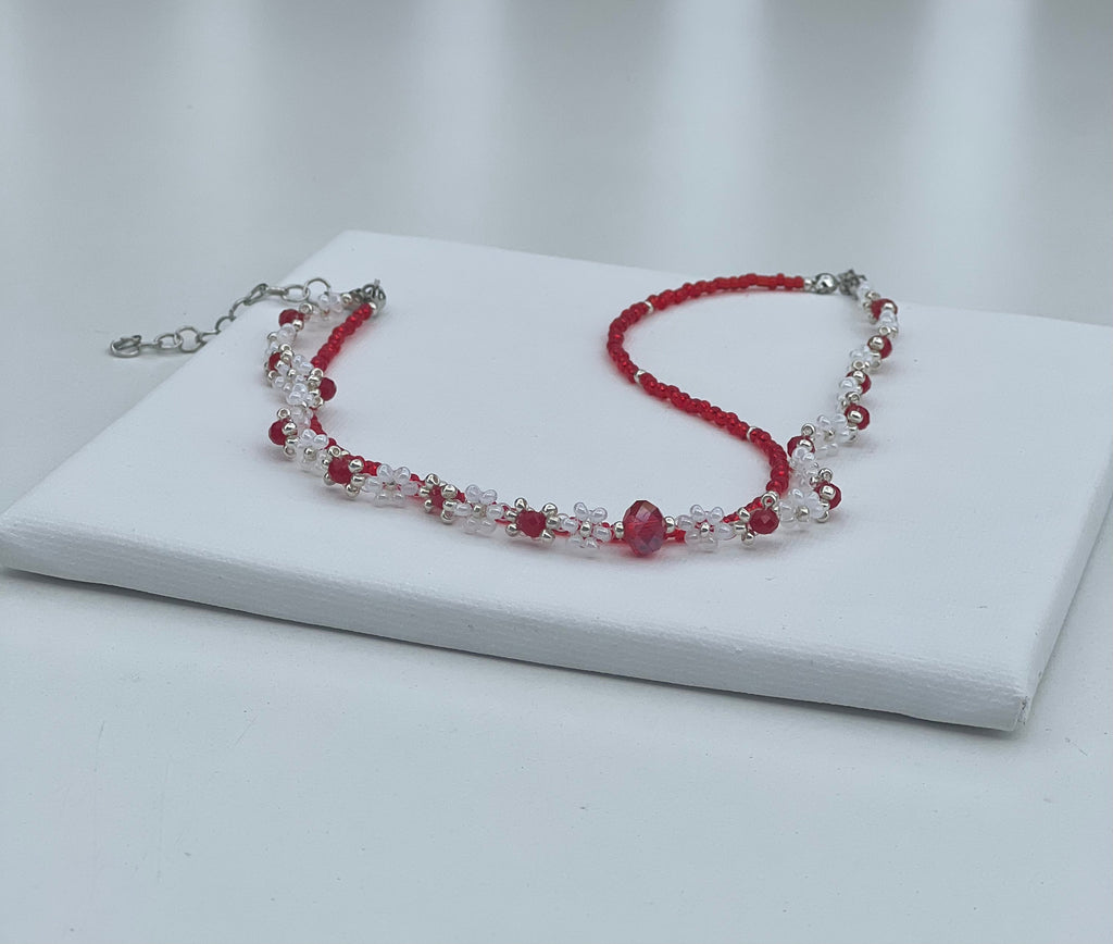Handmade Red and White Beaded Necklace