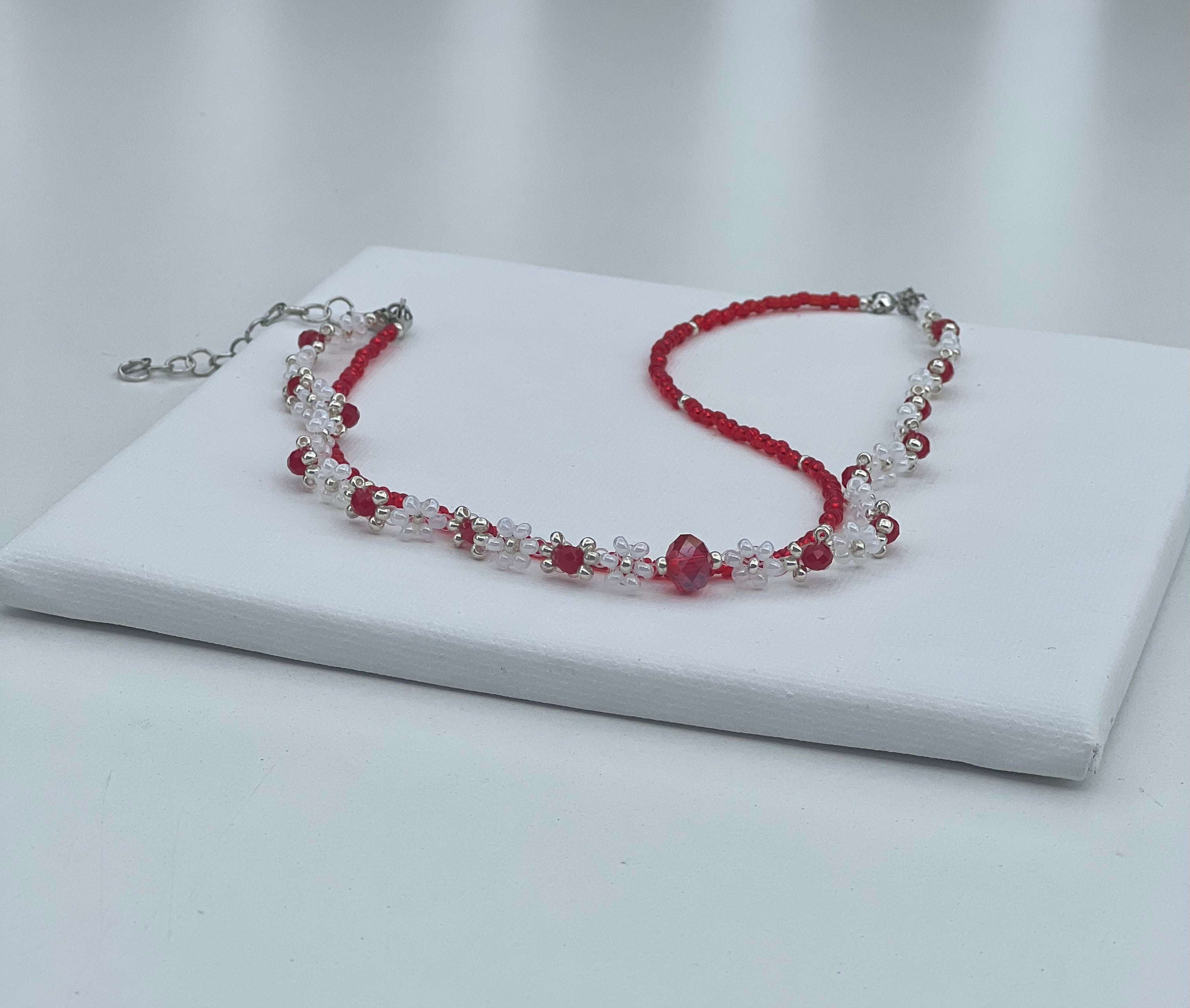 Handmade Red and White Beaded Necklace