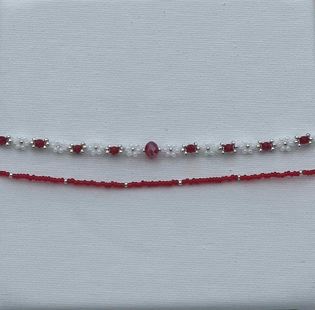 Handmade Red and White Beaded Necklace