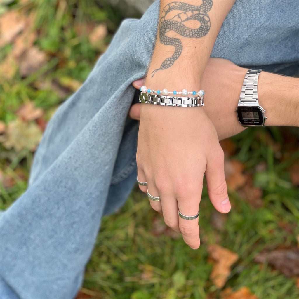 Ferskvannsperle Armbånd for Gutter - Hvit og Lyseblå