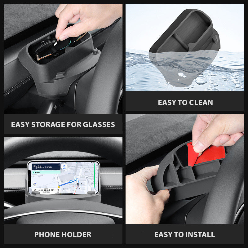 Solbrilleoppbevaring og mobilholder foran ratt for Model Y 2025+