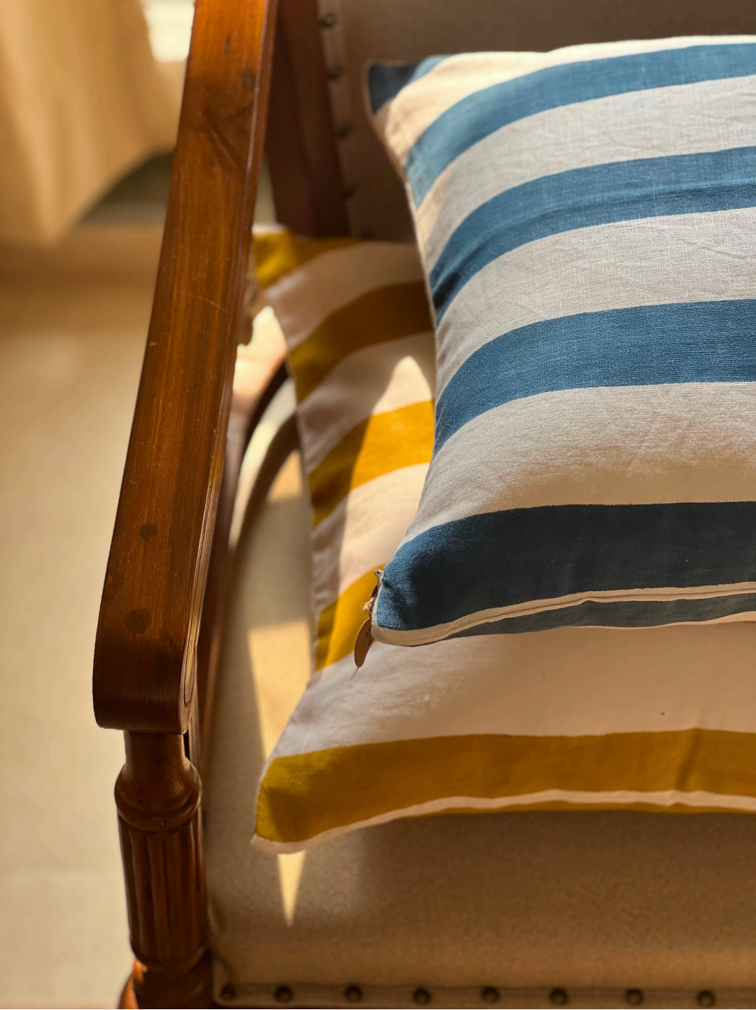 Yellow & White Striped Pillow Cover | Hand Block Printed 100% Linen (45cm)