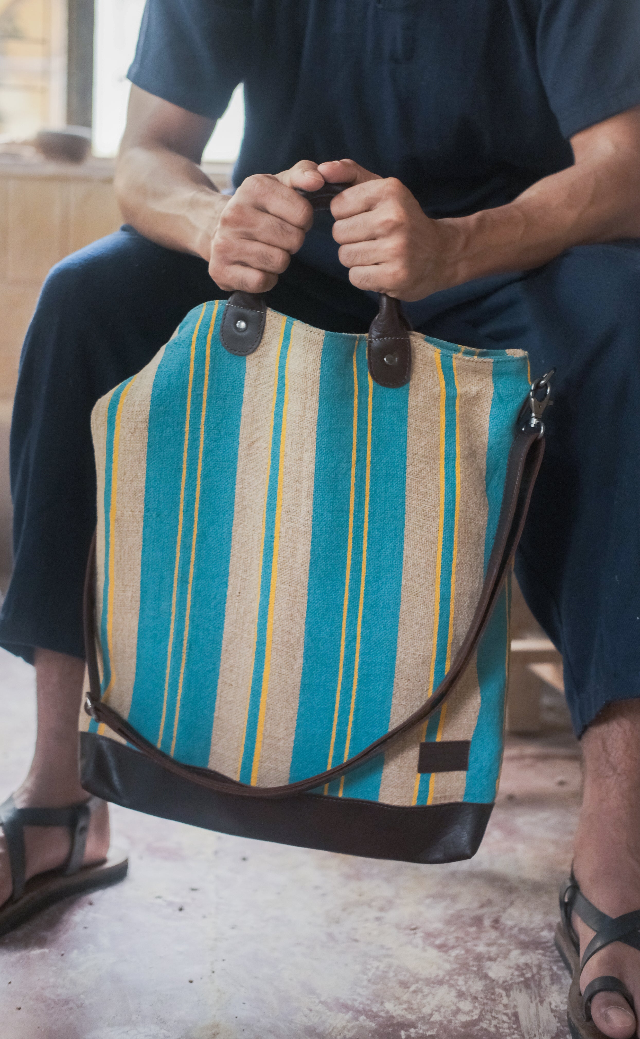 Kalaa Striped Forager | Handstitched Striped Jute Tote Bag | Indian Artisan
