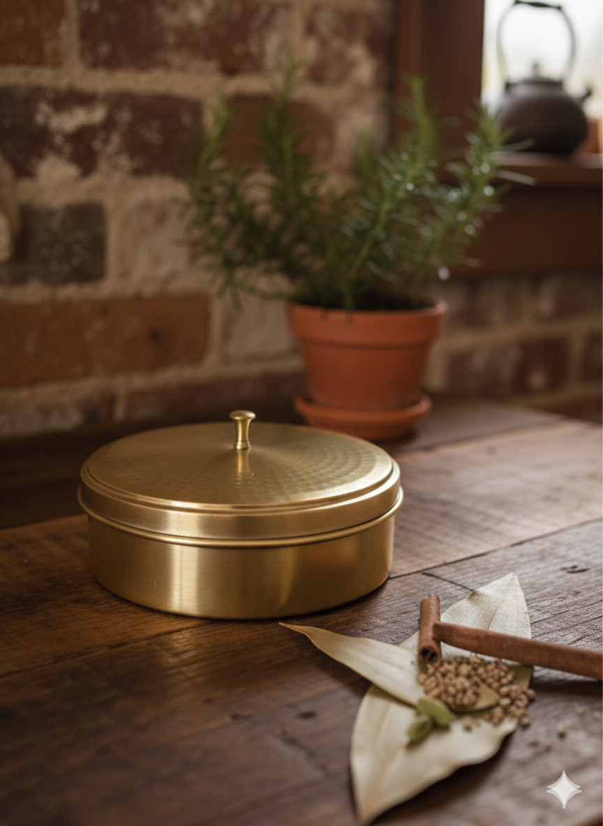Kalaa Hammered Brass Spice Box | Handcrafted Masala Dabba | Indian Artisan