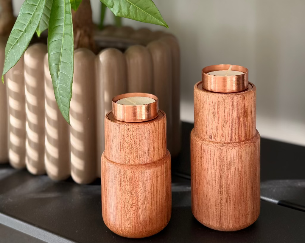 Stambha 2-in-1 Tealight & Candle Holder | Wood & Copper