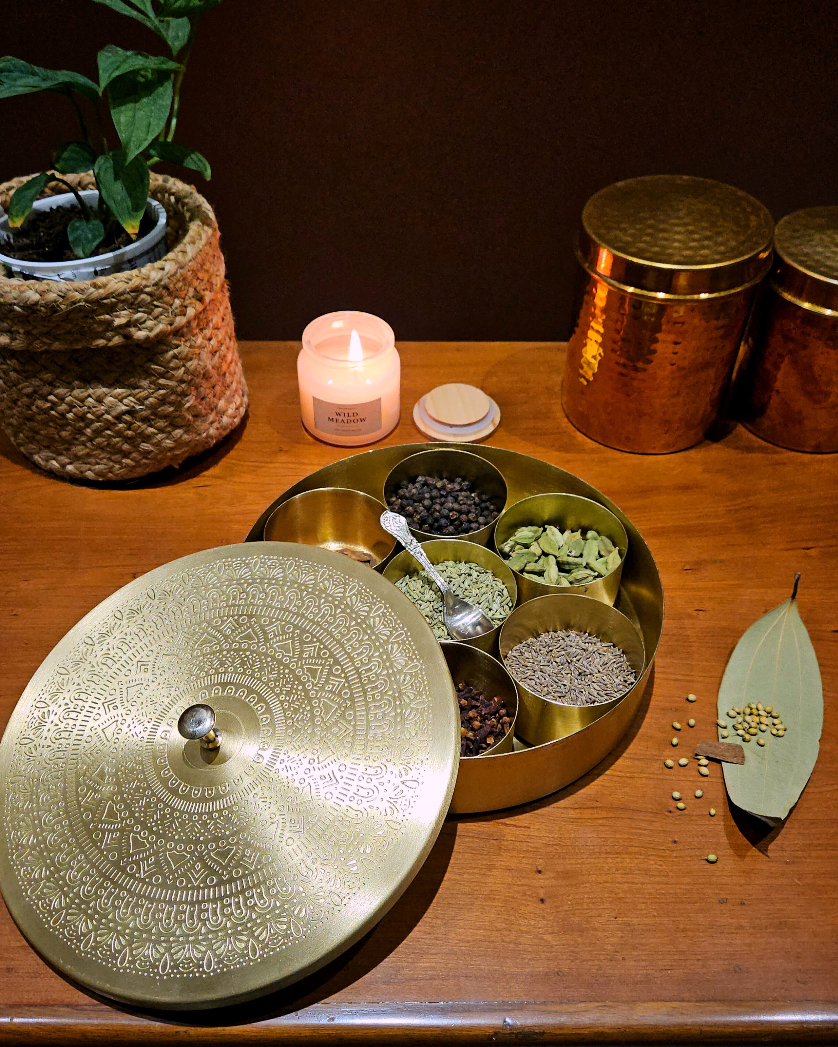 Kalaa Mandala Brass Spice Box | Handcrafted Masala Dabba | Indian Artisan