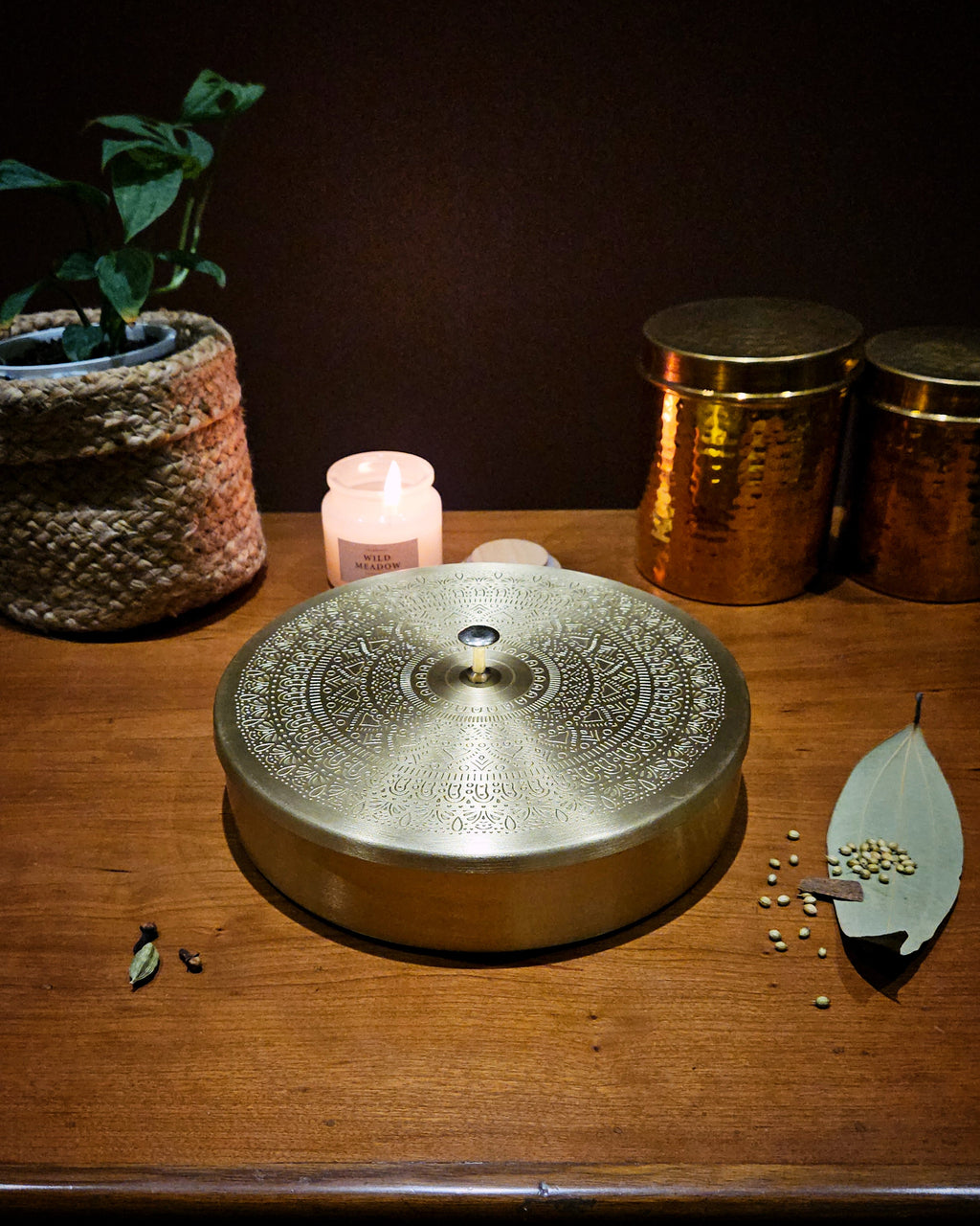 Kalaa Mandala Brass Spice Box | Handcrafted Masala Dabba | Indian Artisan