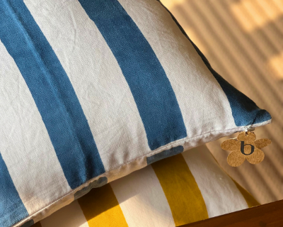 Yellow & White Striped Pillow Cover | Hand Block Printed 100% Linen (45cm)