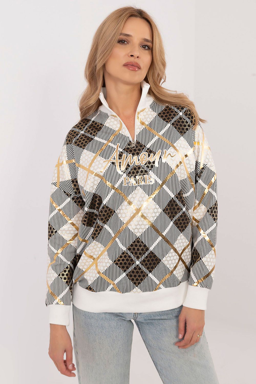 Rutete Casual Sweatshirt med Glidelåskrage - FP