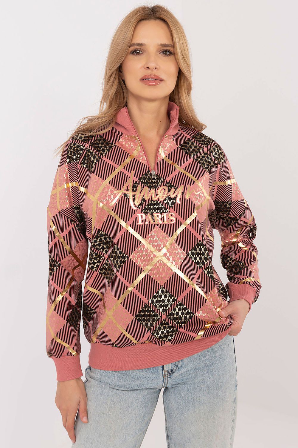 Rutete Casual Sweatshirt med Glidelåskrage - FP