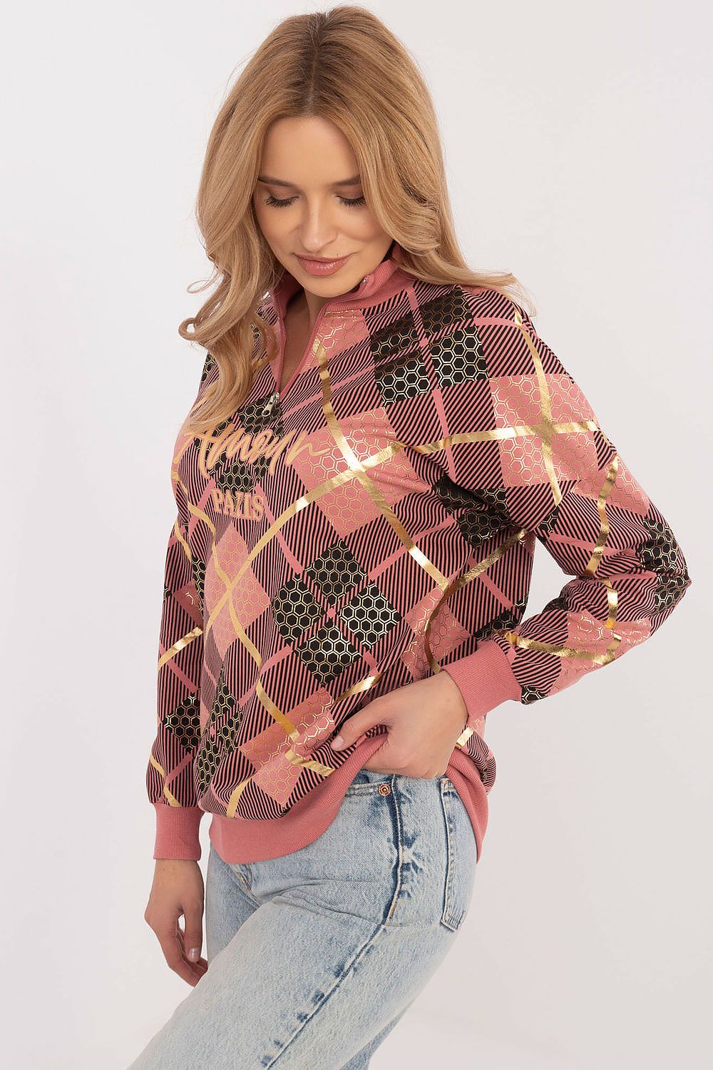 Rutete Casual Sweatshirt med Glidelåskrage - FP