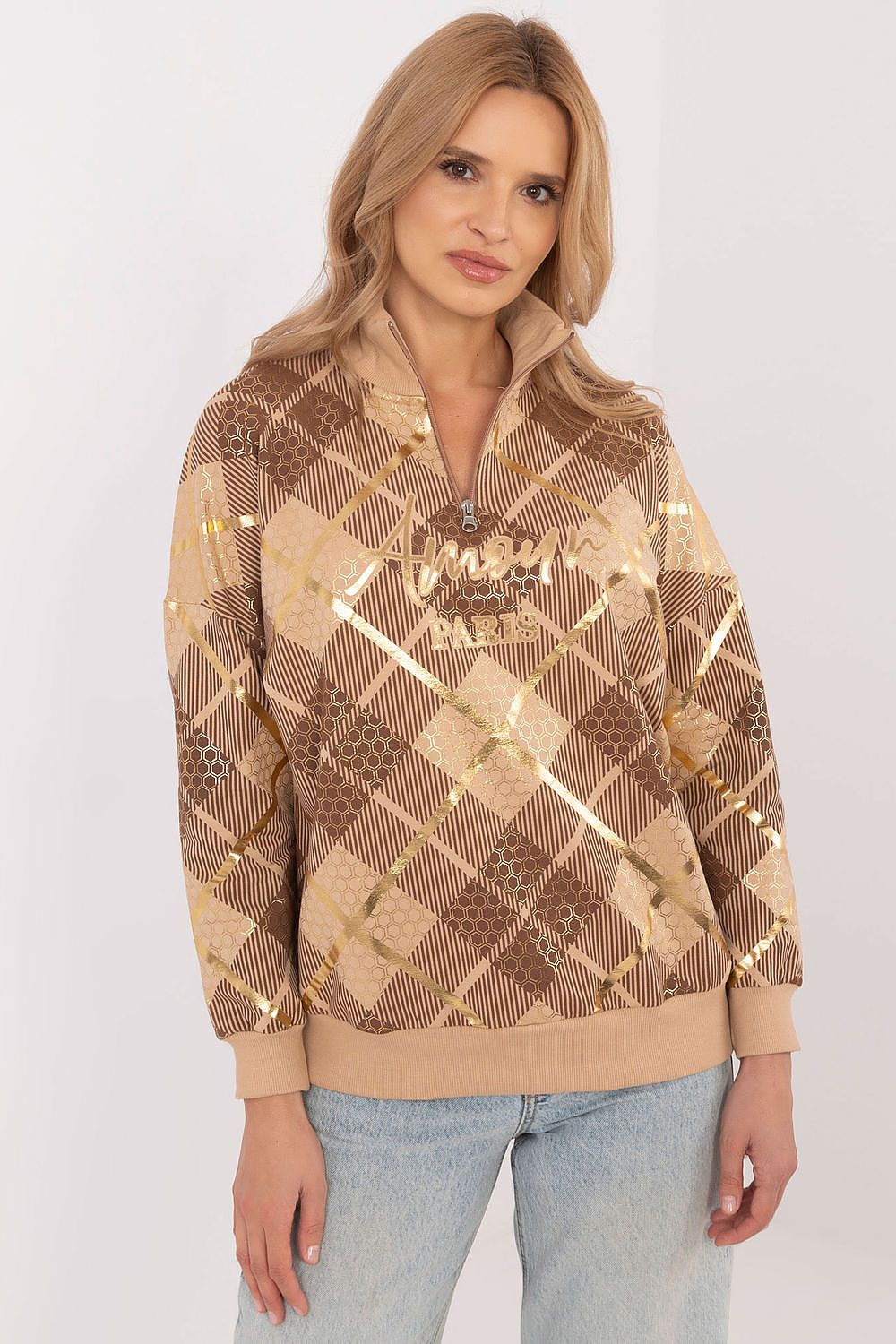 Rutete Casual Sweatshirt med Glidelåskrage - FP