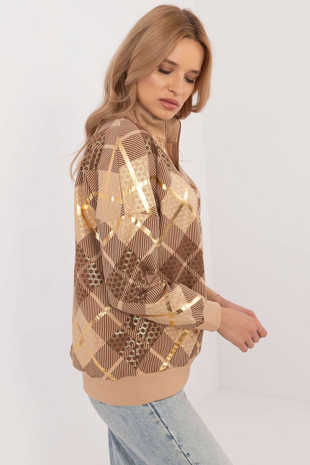 Rutete Casual Sweatshirt med Glidelåskrage - FP