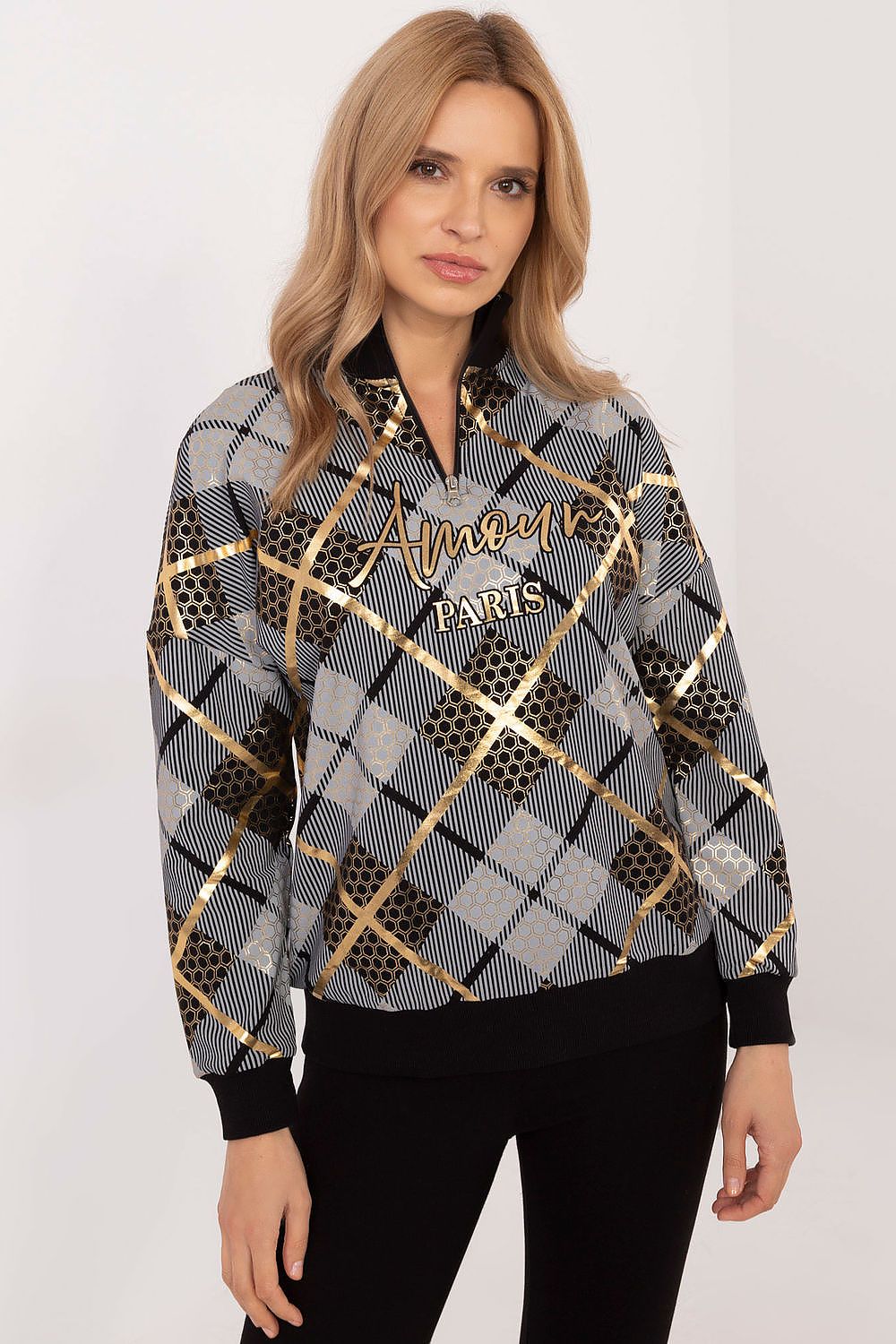 Rutete Casual Sweatshirt med Glidelåskrage - FP