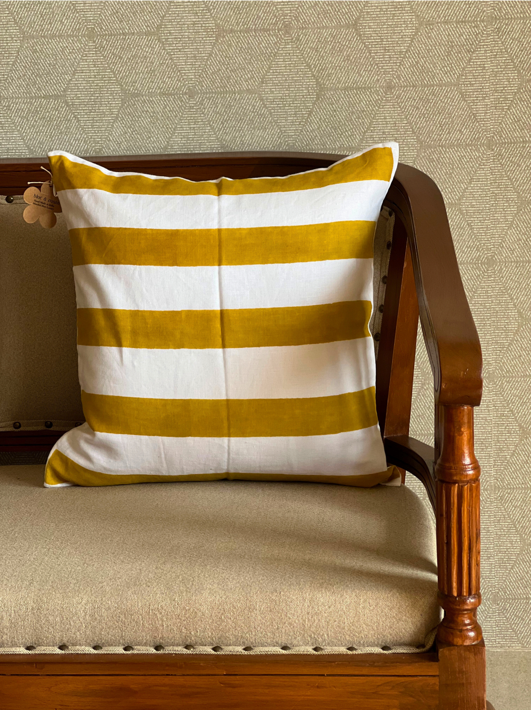 Yellow & White Striped Pillow Cover | Hand Block Printed 100% Linen (45cm)